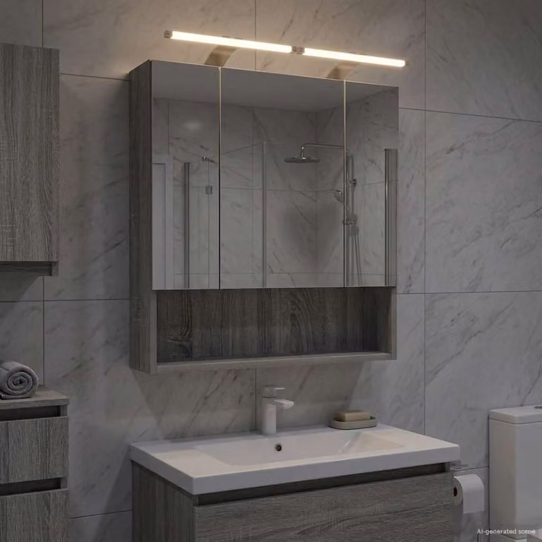 Mobiletto per specchio da bagno vidaXL Grigio, moderno, con illuminazione LED e ripiani interni, sospeso, L: 60 cm, P: 14,5 cm, H: 70 cm