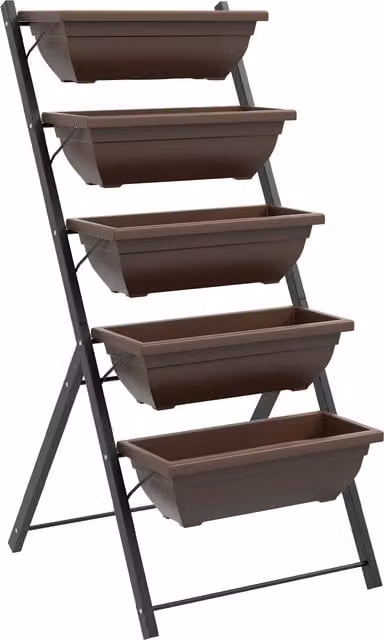 Portapiante Verticale Outsunny a 5 Livelli con 5 Vasi in Acciaio e PE, Marrone, H x L x P: 120 x 55 x 63 cm