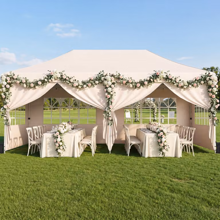 Gazebo da giardino esterno Costway pieghevole con 6 pareti rimovibili e altezza regolabile, Beige
