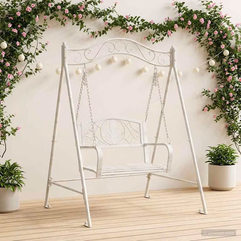 Panchina a dondolo con tendalino vidaXL in acciaio bianco antico L: 113 cm, P: 121,5 cm, H: 168 cm