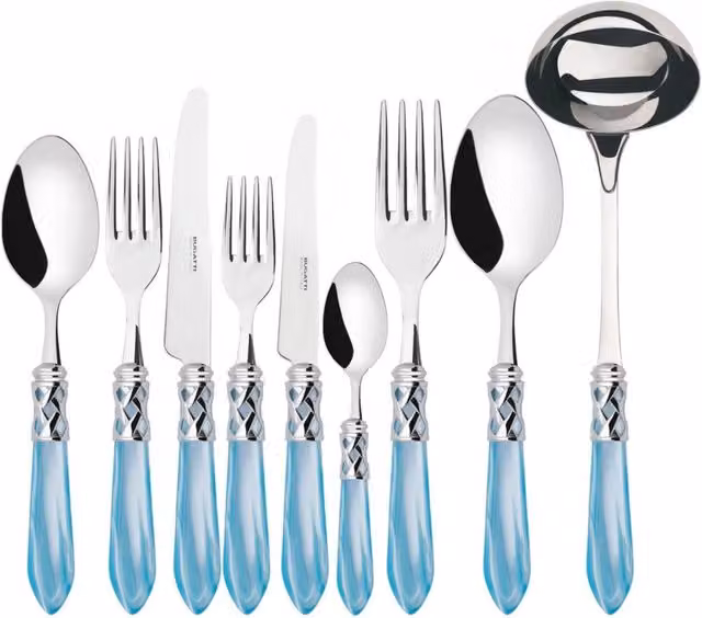Set di posate ALADDIN Ghiera Cromata da 75 pezzi in acciaio inossidabile e acrilico con scatola in legno Wengè, colore azzurro