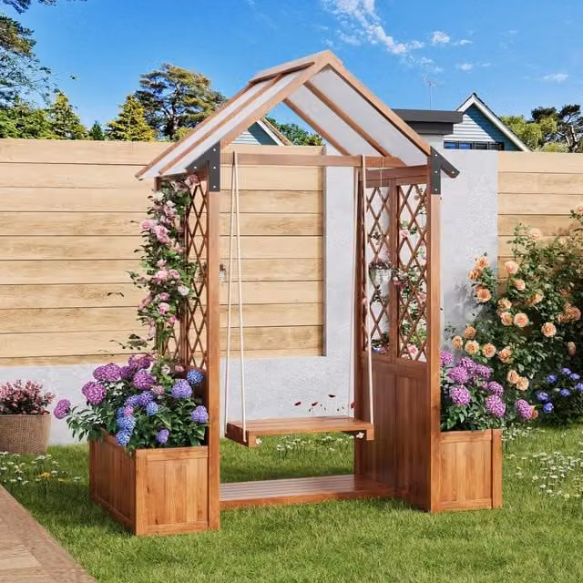 Altalena da giardino REDOM con spalliera e fioriera in legno massello marrone L/P/H: 163 x 142 x 70 cm