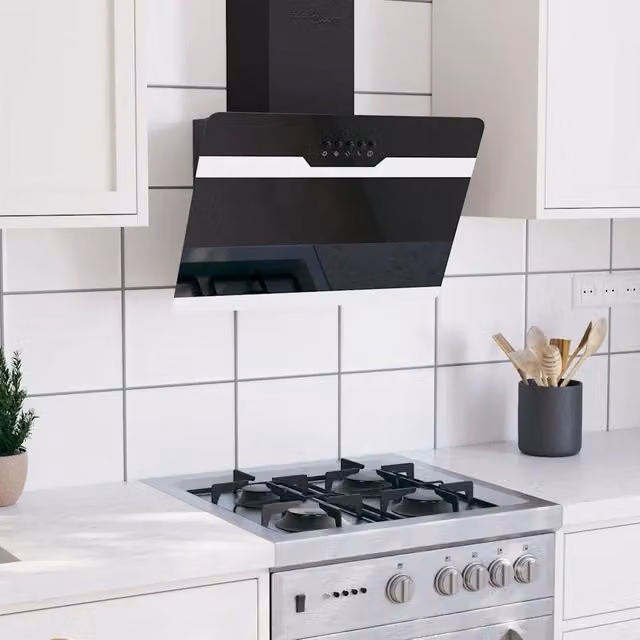 Cappa a parete Outsunny in acciaio e vetro temperato nero con display LED, 60 cm