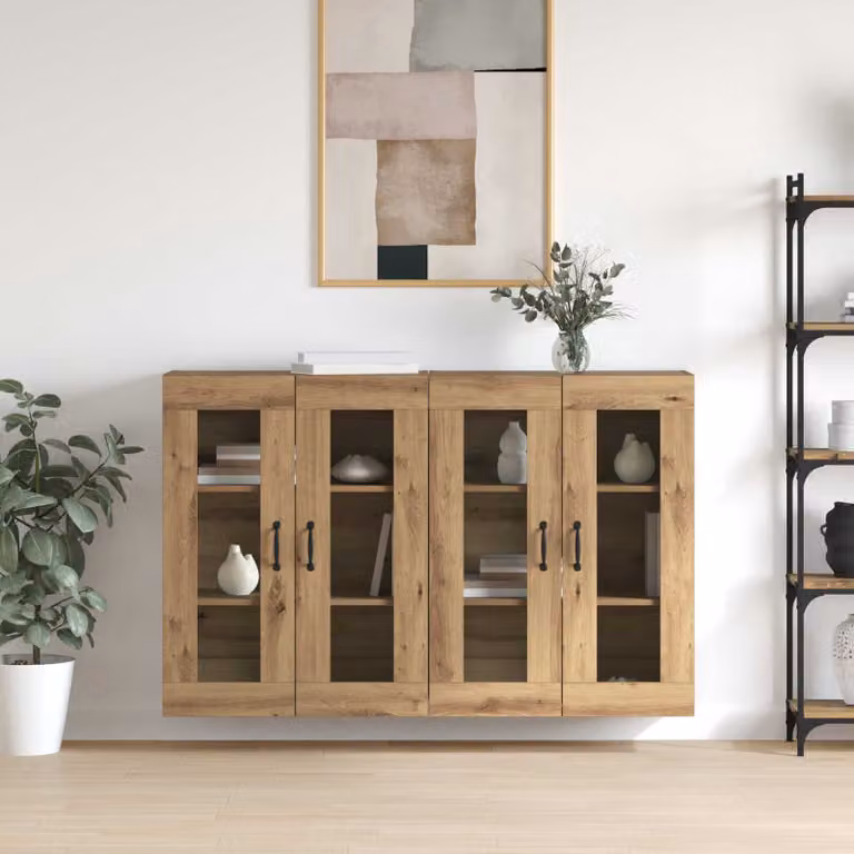 Set di 2 armadi da muro vidaXL in rovere con ante in vetro, L: 69,5 cm, P: 34 cm, H: 90 cm