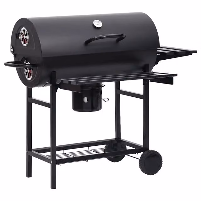 Barbecue a barile vidaxl in acciaio nero con ruote e ripiani, L 115 x P 85 x H 95 cm