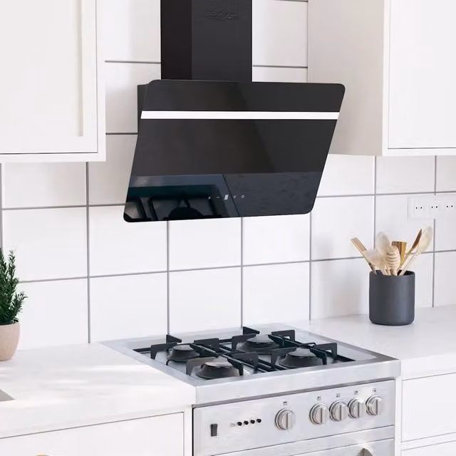 Cappa a parete vidaXL in acciaio, vetro e alluminio nero con display LED e sistema a carboni attivi, L: 60 cm