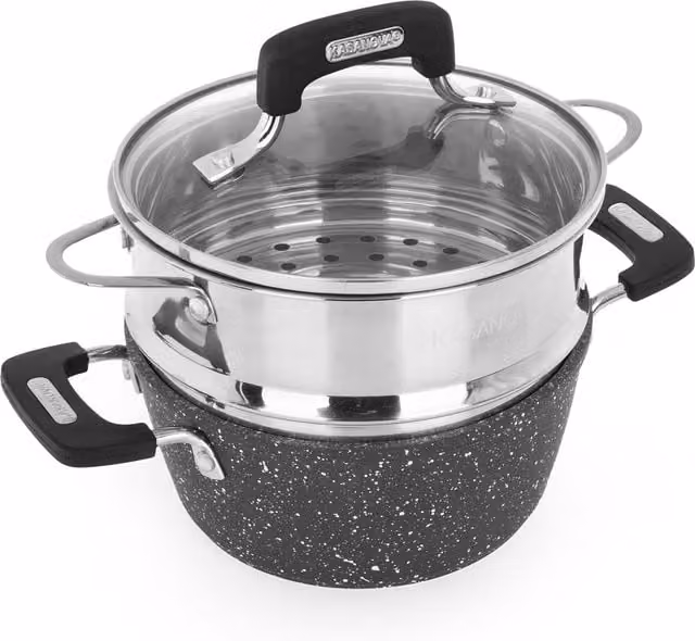 Casseruola con vaporiera e coperchio Kasanova New Petra Dark con rivestimento antiaderente in ceramica e alluminio, colore nero, diametro 16 cm