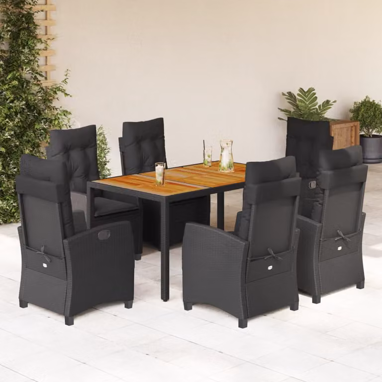 Set da pranzo da giardino vidaXL in legno di acacia oliato e rattan nero con 7 pezzi