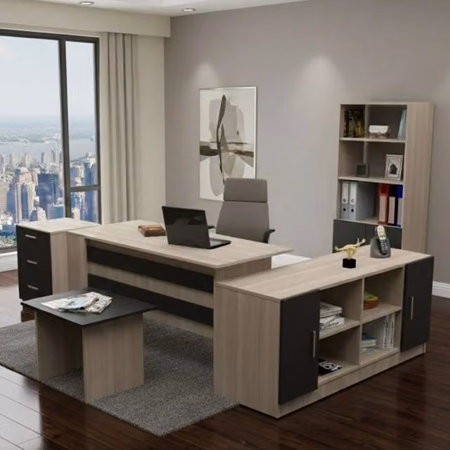 Set da ufficio modulabile Hilda DMORA in legno MDF color marrone quercia e antracite con scrivania, cassettiera, mobile e scaffale