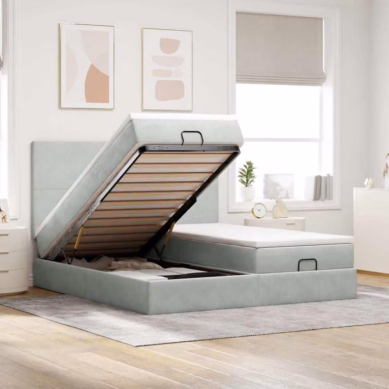 Letto con contenitore a sollevamento vidaXL in velluto con materasso, L: 180 cm, P: 200 cm, H: 203 cm, Grigio e Bianco