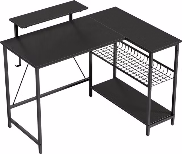 Scrivania gaming angolare HOMCOM con supporto per monitor e ripiano a rete regolabile, Nero, L: 114,5 cm, P: 82 cm, H: 91,5 cm