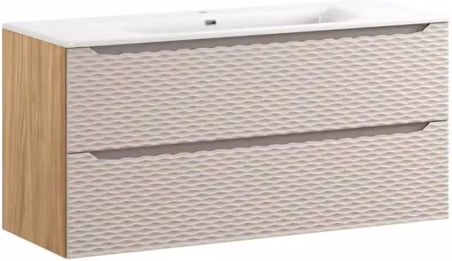 Set da bagno MEUBLORAMA YOKA beige e bianco: mobile sottolavabo moderno sospeso con cassetti e lavabo incassato L: 120 cm
