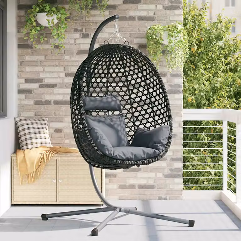 Sedia uovo sospesa moderna vidaXL in polyrattan con cuscini, colore nero antracite, L/P/H: 104 x 100 x 191 cm
