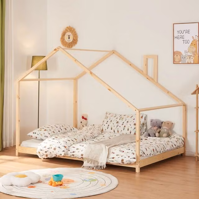 Letto Casetta en.casa in Legno di Pino Naturale per Cameretta Bambini L/P/H: 200 x 140 x 146 cm