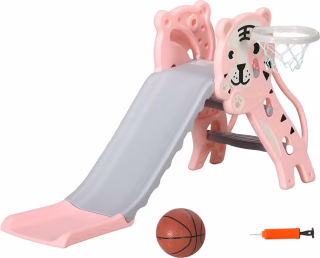 AIYAPLAY Scivolo per Bambini con Canestro da Basket Laterale in Plastica, Rosa e Grigio, L 133 cm x P 60 cm x H 70 cm