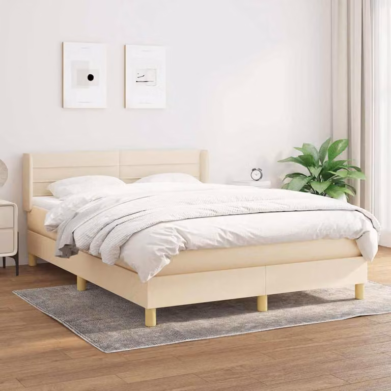 vidaXL Letto Ibrido con Giroletto a Molle e Materasso in Tessuto Beige e Bianco L/P/H: 190 x 140 x 88 cm