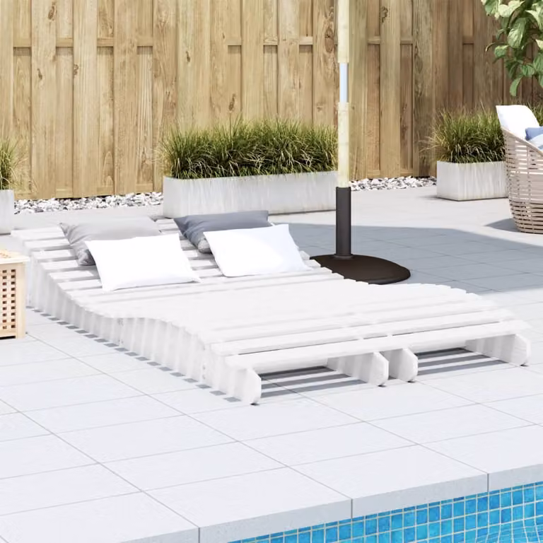 Set di 2 lettini prendisole vidaXL in legno di pino bianco con cuscini impermeabili e design ergonomico L: 205 cm, P: 60 cm, H: 31,5 cm