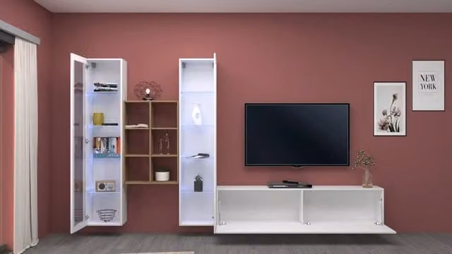 Parete attrezzata sospesa Yves WH bianca con 2 vetrine e illuminazione integrata per il tuo soggiorno