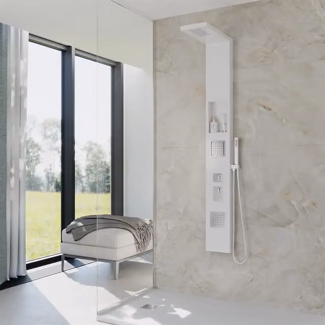 Pannello doccia Fern in alluminio bianco opaco con doccino a mano, deviator di flusso e getti idromassaggio