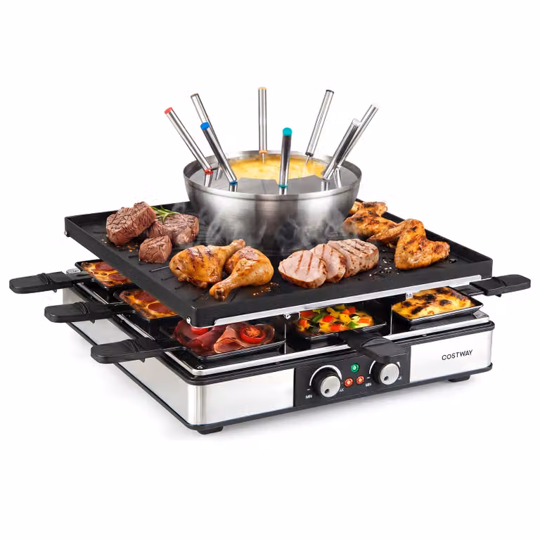 Griglia elettrica da tavolo Costway 3 in 1 per raclette e fonduta da 2200 W con teglia antiaderente a coste, 8 padelline, spatole e forchette, colore nero e argento