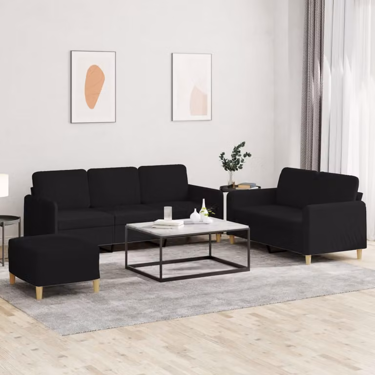 Set di divani vidaXL composto da un divano a 3 posti, un divano a 2 posti e un pouf, in tessuto nero con cuscini, design moderno per il tuo soggiorno