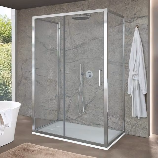 Box doccia INBAGNO a forma di U con porta scorrevole in vetro trasparente, L: 150 cm, P: 70 cm, H: 200 cm