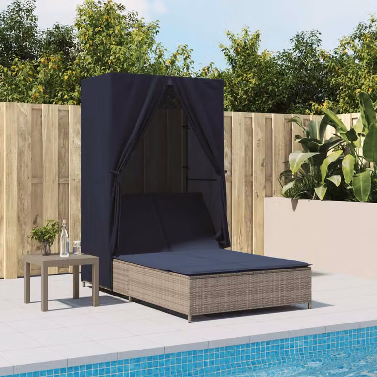 vidaXL Lettino Prendisole Doppio in Polyrattan con Tetto e Tende Grigio e Blu