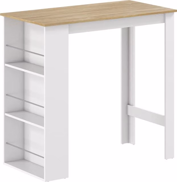 Tavolo da bar HOMCOM con 3 mensole e barre protettive in acciaio e legno, Bianco, L: 112 cm, P: 57 cm, H: 106 cm