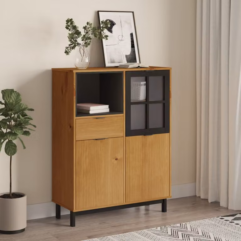 Credenza moderna vidaXL FLAM in legno di pino marrone con ante in vetro L 92 cm, P 40 cm, H 122,5 cm