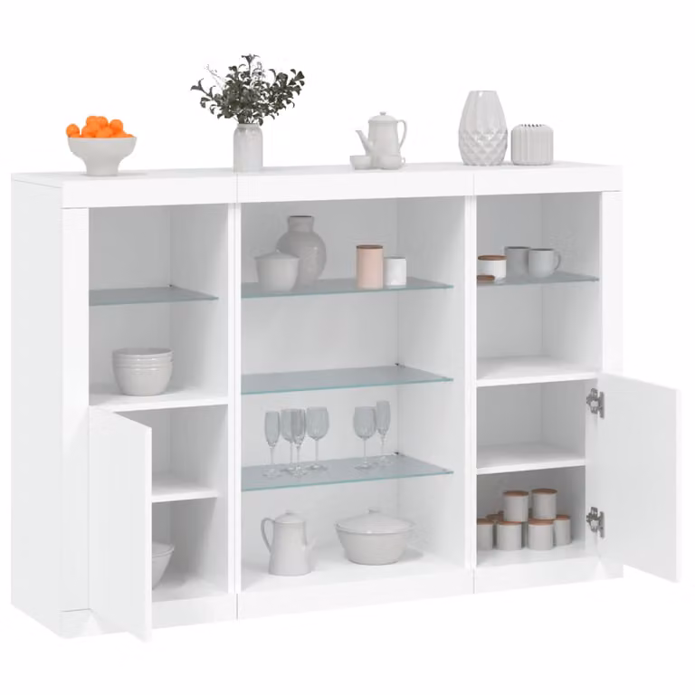 Set di 3 credenze moderne vidaXL in legno multistrato bianche con luci LED integrate da appendere a parete