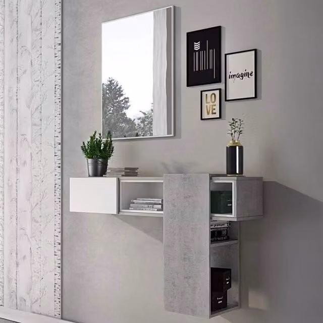 Limbadi Mobile da Ingresso Moderno con Specchio Grigio Cemento L: 100 cm, P: 31 cm, H: 75 cm