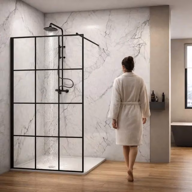Parete doccia walk-in OGOMONDO in cristallo temperato trasparente con profilo nero, H: 200 cm, L: 127-129 cm, spessore 8 mm
