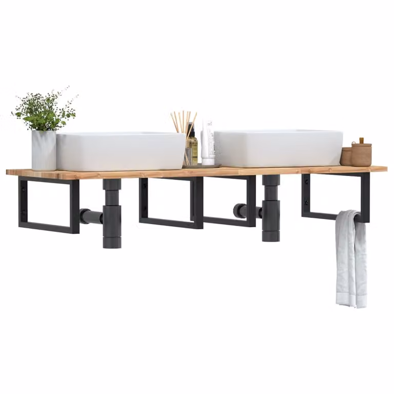 vidaXL Ripiano a Parete per Lavabo in Accacia e Metallo Nero e Marrone L: 50 cm, P: 22 cm, H: 5 cm