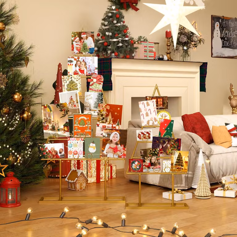 Costway Portacarte a forma di albero di Natale in metallo color oro con clip rotonde da appendere