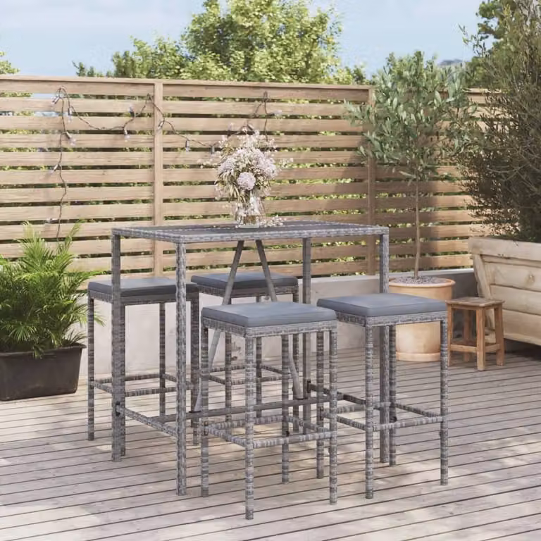 Set Bar da Giardino vidaXL 5 pz in Polyrattan Grigio e Nero con Cuscini e Tavolo in Vetro