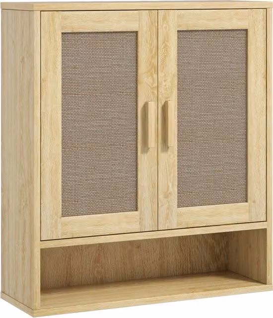 Mobile da parete per bagno HOMCOM con doppia porta e ripiano aperto, effetto legno di quercia, L 59 cm x P 20 cm x H 66,5 cm