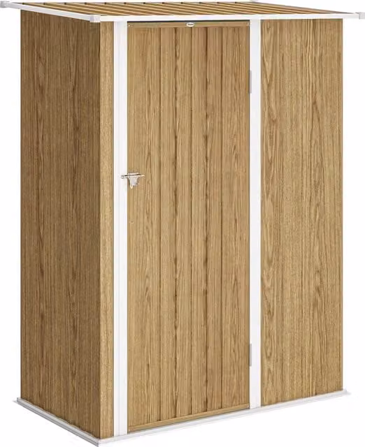 Capanno porta attrezzi in metallo Outsunny con tetto inclinato e porta bloccabile, color legno, L: 142 cm, P: 86 cm, H: 189 cm
