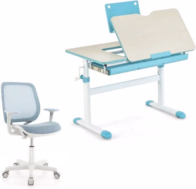 Set scrivania ergonomica regolabile in altezza e sedia girevole per bambini, colore blu