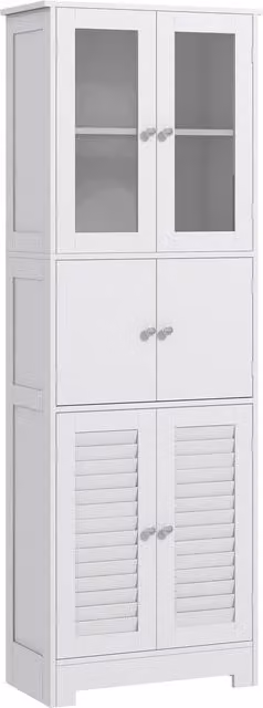 Colonna Mobile da Bagno HOMCOM Bianca con 3 Armadietti, Ante in Vetro e a Persiana, L/P/H: 60 x 30 x 170.5 cm