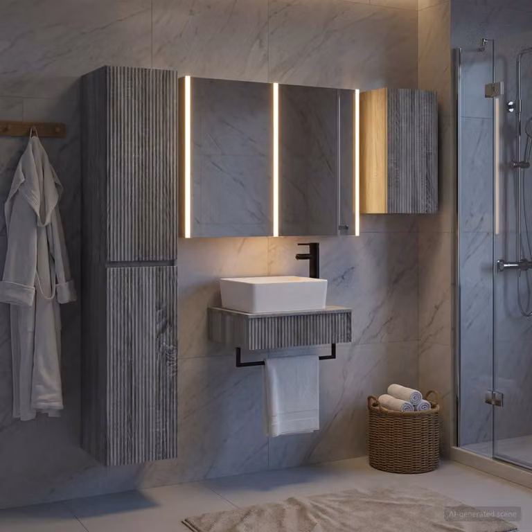 Set di mobili per il bagno vidaXL 5 pezzi moderno grigio con armadietto a specchio e illuminazione LED
