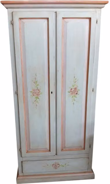 Armadio Shabby Chic a 2 Porte Mobili 2G in Legno Bianco Anticato con Dettagli Rosa e Decori Floreali L/P/H: 90 x 45 x 180 cm