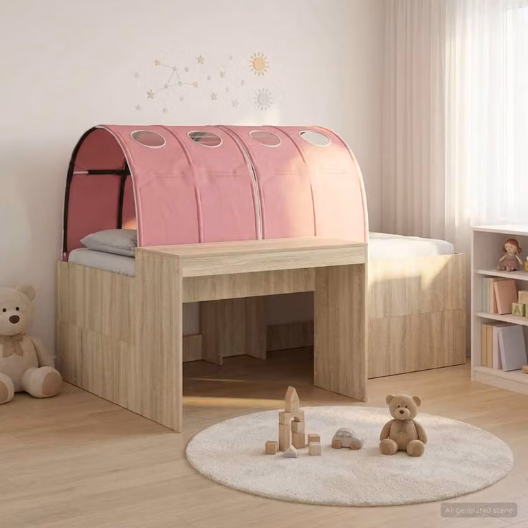 vidaXL Letto per bambini con tunnel e scomparti laterali, Rovere e Rosa, L: 193 cm, P: 120 cm, H: 75 cm