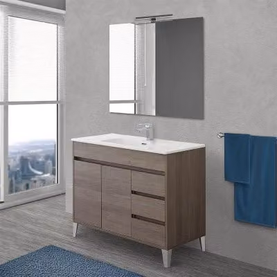 Mobile bagno da terra Way in rovere scuro con specchio e lavabo, L: 100 cm, H: 84 cm, P: 47 cm