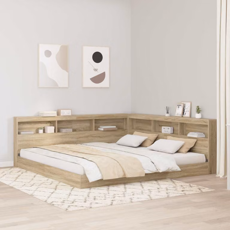 Testata letto con contenitore vidaXL in legno ingegnerizzato Rovere Sonoma, marrone, con ripiano integrato e porta USB, L: 217,5 cm, H: 76,5 cm, P: 20,2 cm
