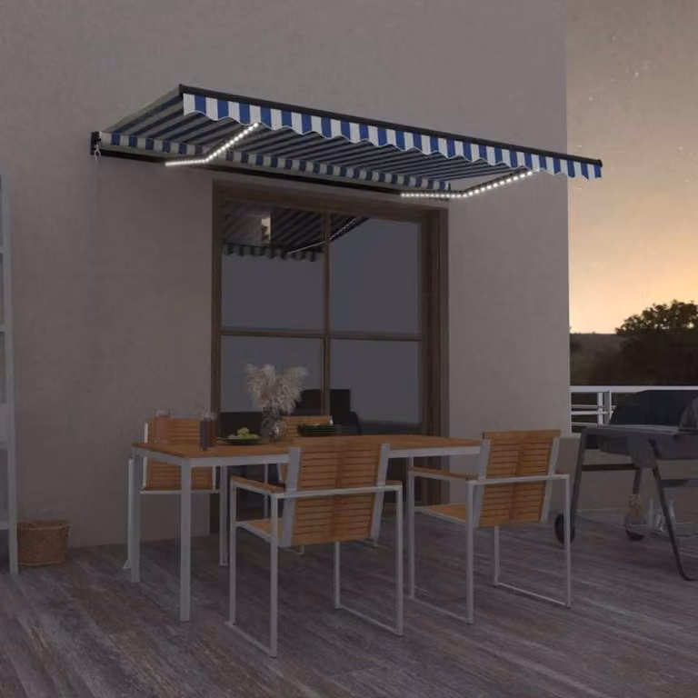 vidaXL Tenda da Sole Retrattile Manuale con LED, L: 450 cm, P: 300 cm, Blu e Bianca