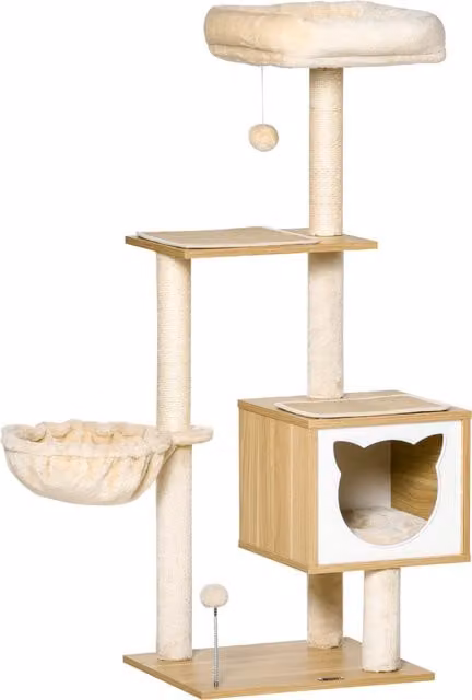 Tiragraffi per Gatti PawHut con Casetta, Amaca e Giocattoli, in Legno e Sisal, Beige, L 48 cm x P 40 cm x H 126 cm