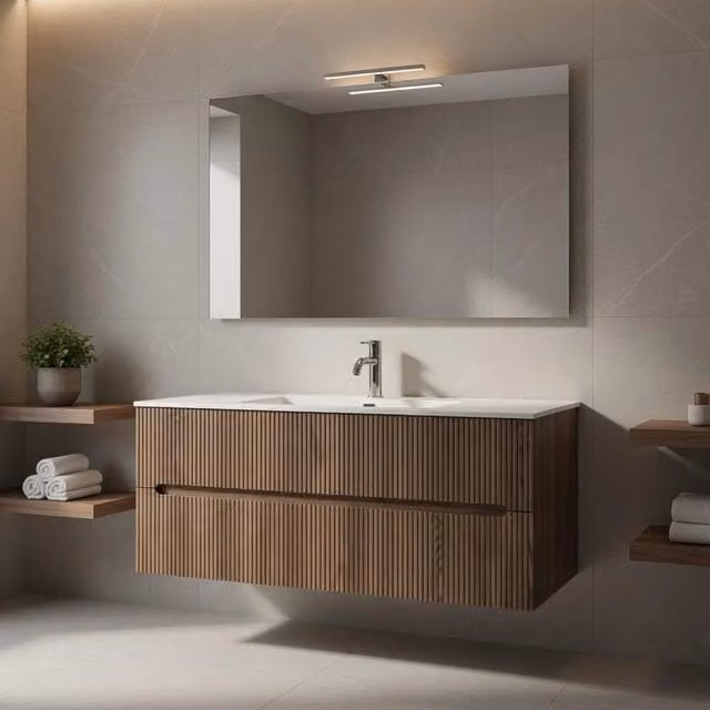 Composizione mobile bagno sospeso Taco mod. STICK con cassetti e specchio LED, design cannettato, Noce Gold, L: 120 cm, P: 45 cm, H: 46 cm