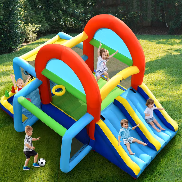 Castello gonfiabile Costway multicolore con doppio scivolo e compressore per area giochi all'aperto