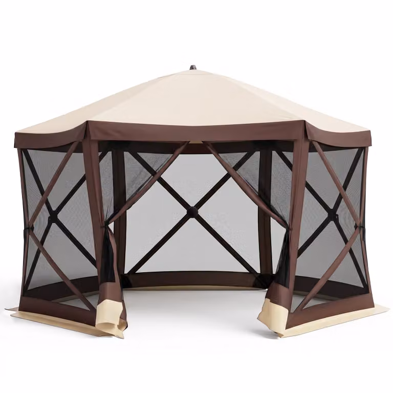 Gazebo da giardino pieghevole Costway con telaio in fibra di vetro e pareti in rete, beige o marrone