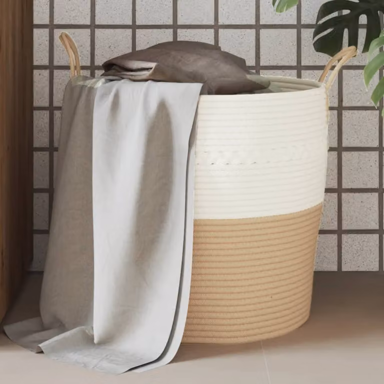 vidaXL Cestino Portaoggetti in Cotone Multicolore Beige e Bianco con Maniglie e Design a Trama Aperta, Ø 43 x H 38 cm